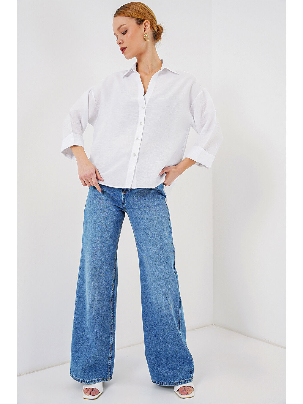 Kadın Oversize Kısa Kol Gömlek 20315 - Beyaz-1