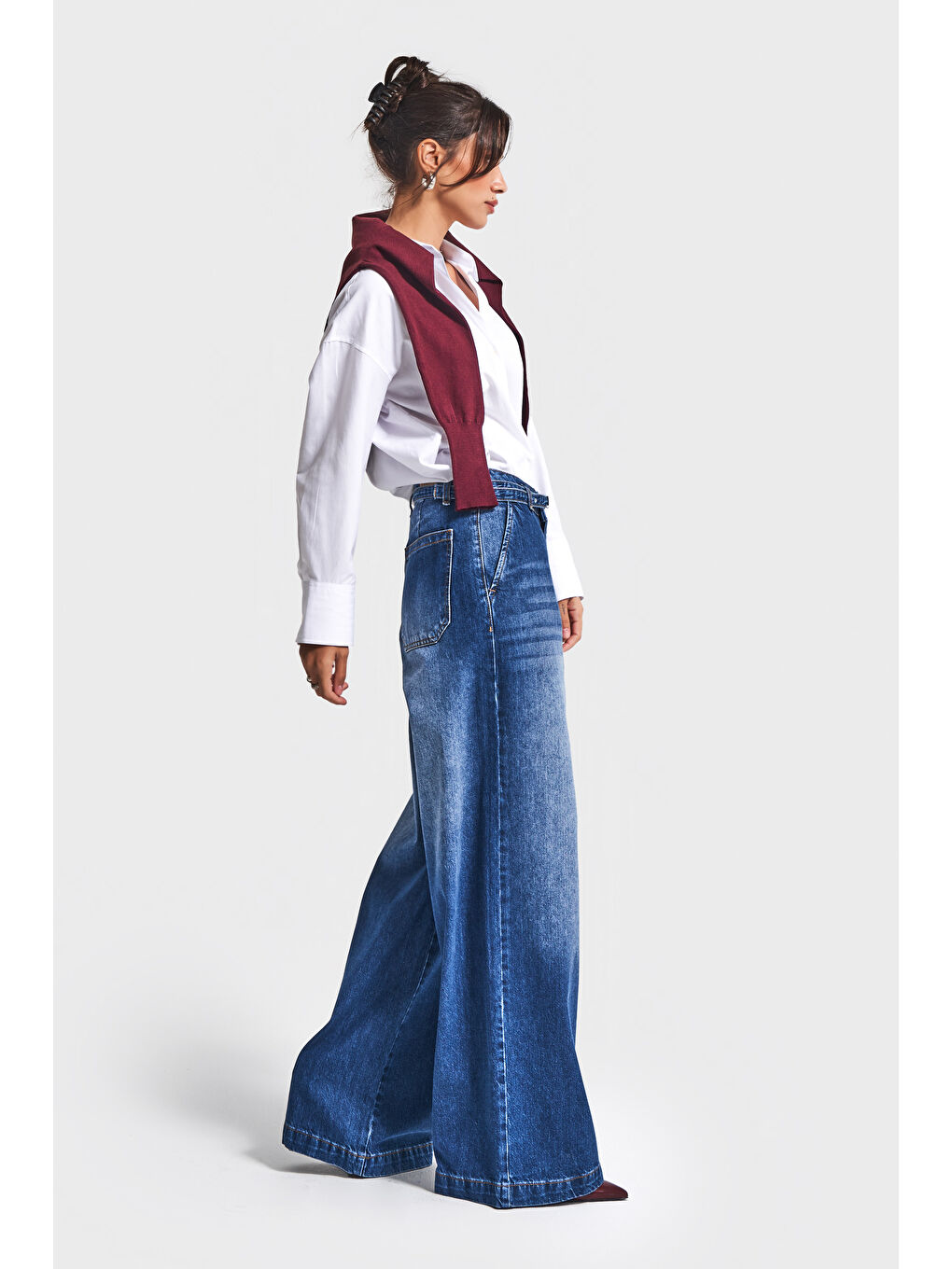 Kadın Mavi Renk 2w5-5 Süper Palazzo Fit Kemer Detaylı Denim Jean-1