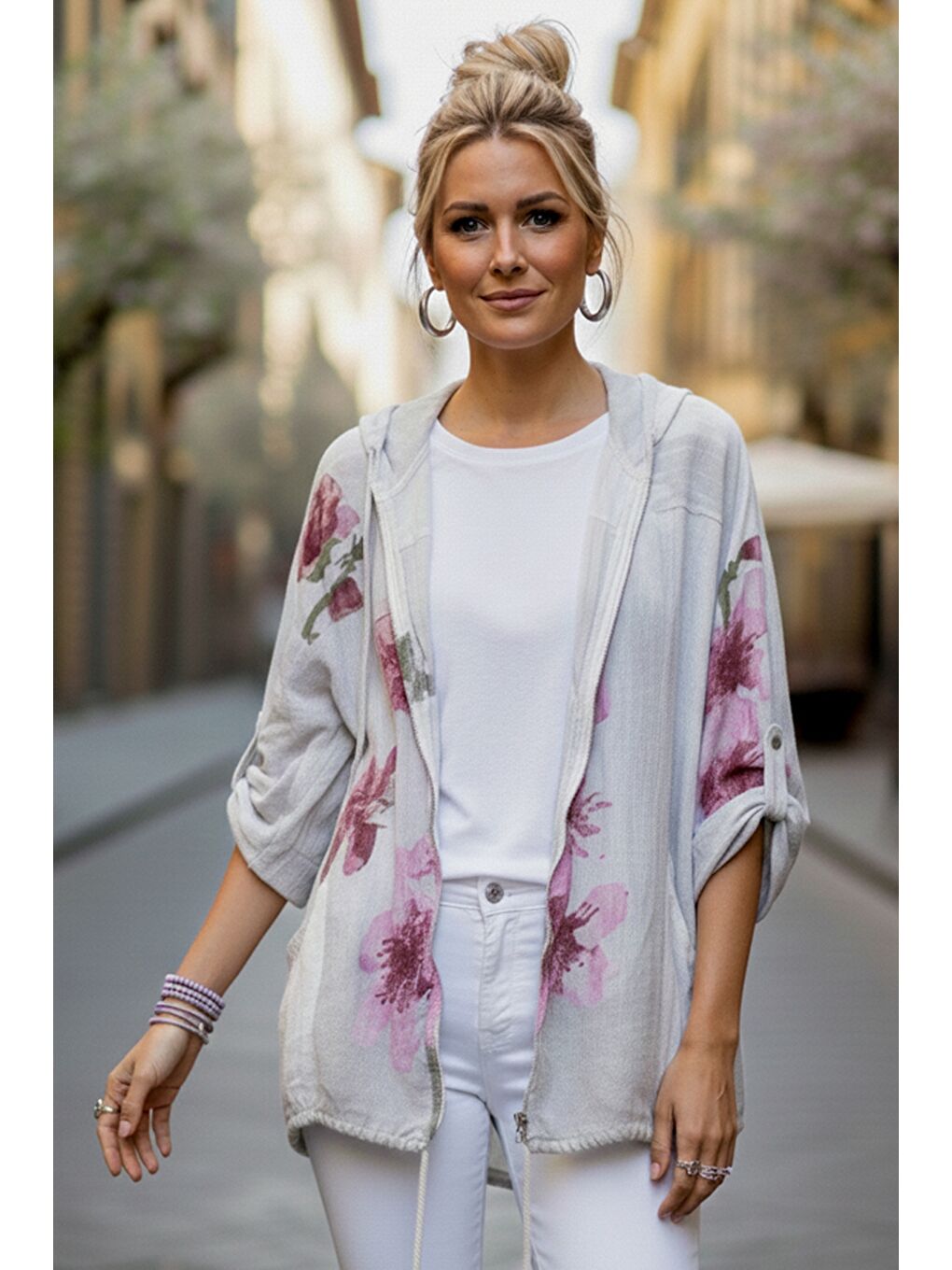 İtalyan Beyaz Kapüşonlu 3/4 Kol Fermuarlı Cepli Casual Keten Görünümlü Dokuma Ceket 68 65-7