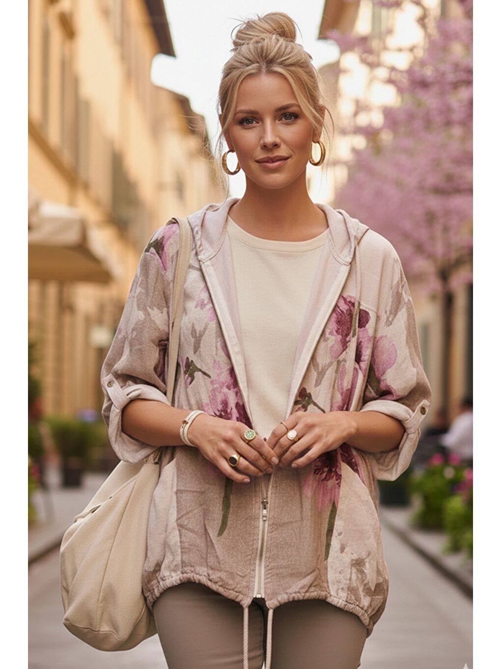 İtalyan Ekru Kapüşonlu 3/4 Kol Fermuarlı Cepli Casual Keten Görünümlü Dokuma Ceket 68 65-1