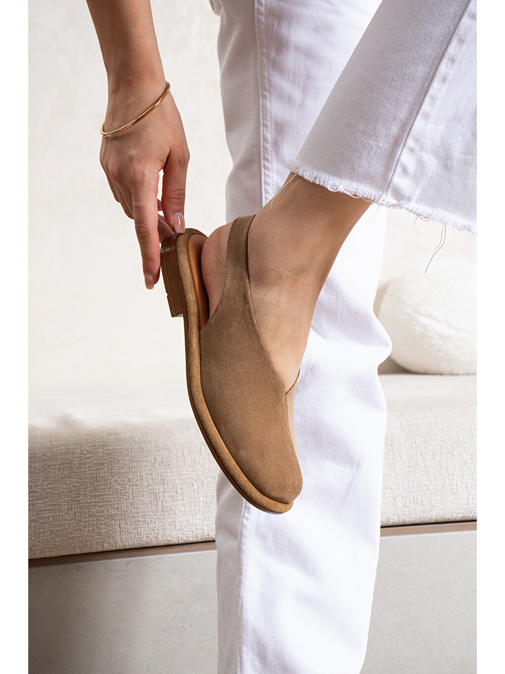 Kahverengi Alonso Kadın Hakiki Deri V Kesim Slingback Babet Sandalet-6