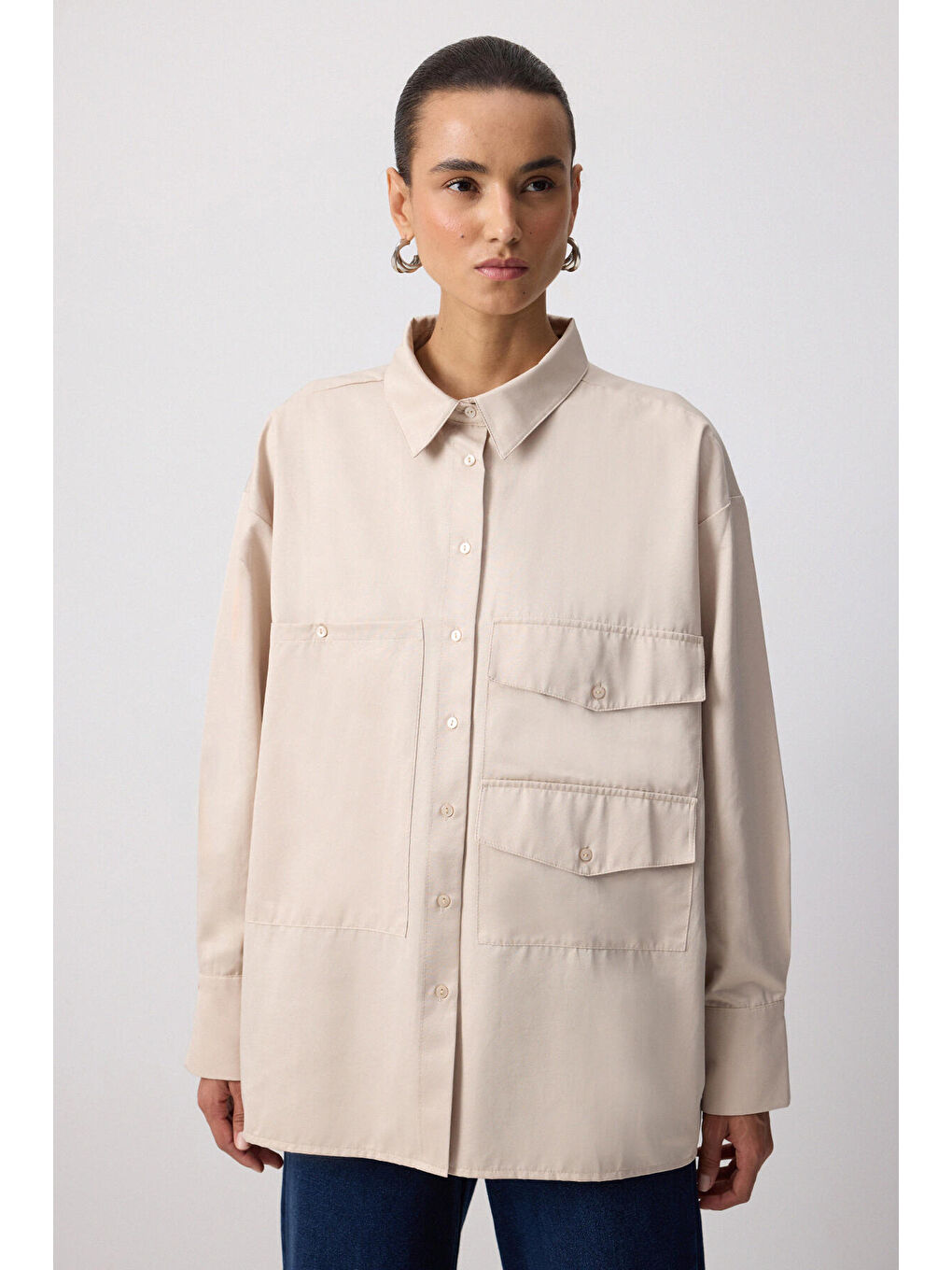 Bej Çift Kapak Detaylı Oversıze Gömlek-1