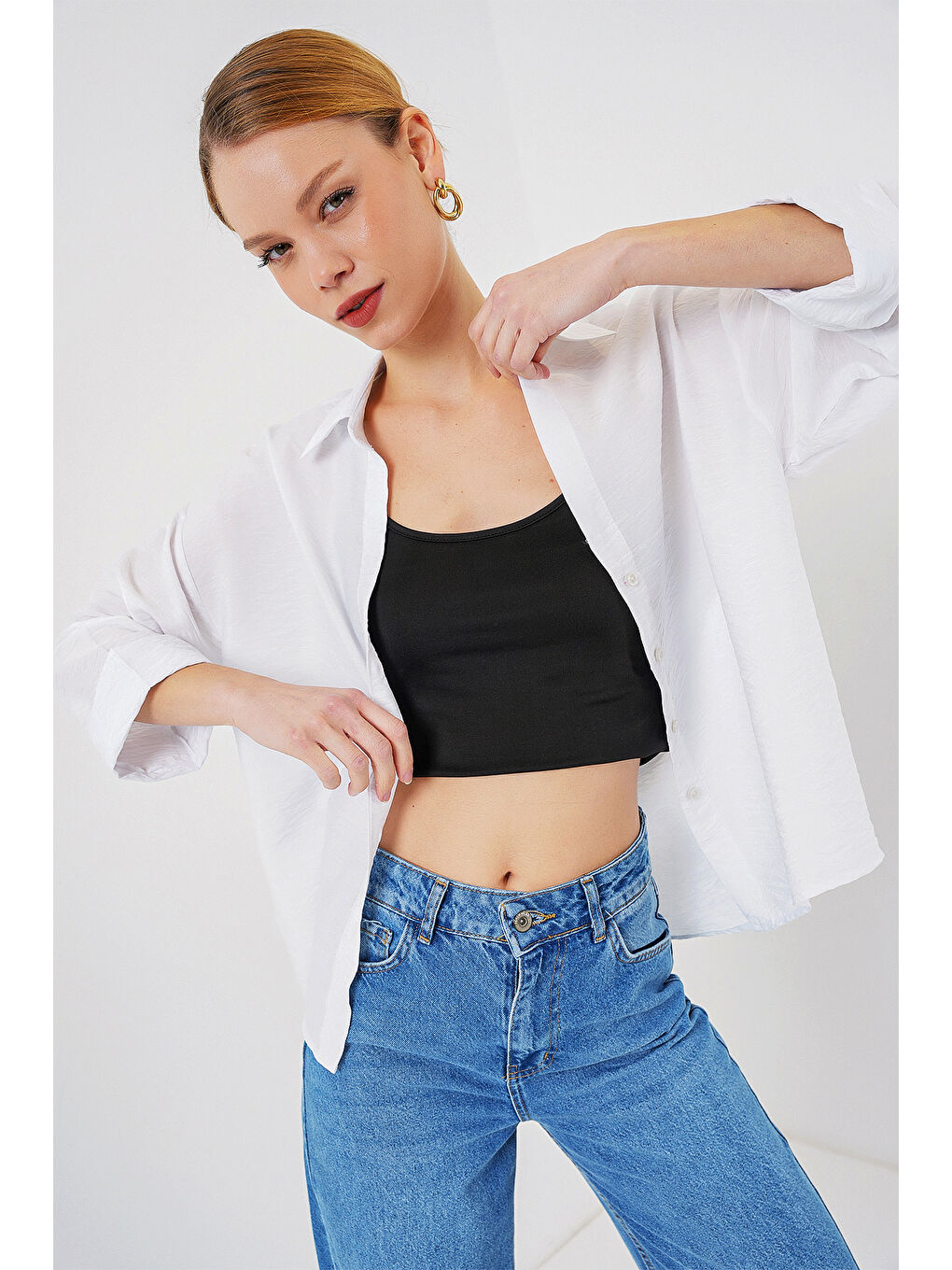 Kadın Oversize Kısa Kol Gömlek 20315 - Beyaz-2