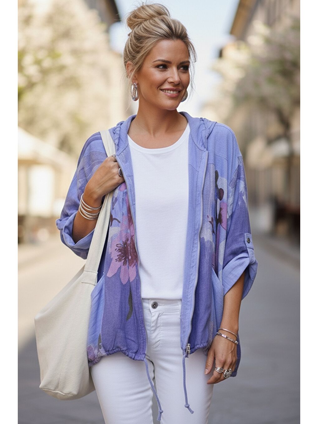 İtalyan Lavanta Mavisi Kapüşonlu 3/4 Kol Fermuarlı Cepli Casual Keten Görünümlü Dokuma Ceket 68 65-2