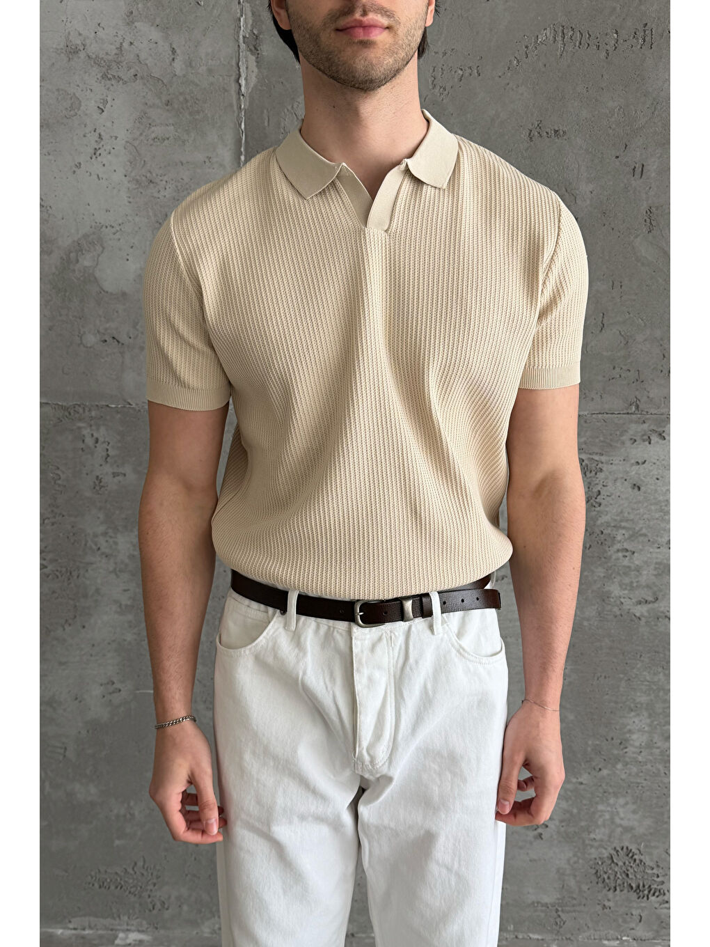 Bej Erkek Petek Desen Polo Yaka Triko T-shirt-4