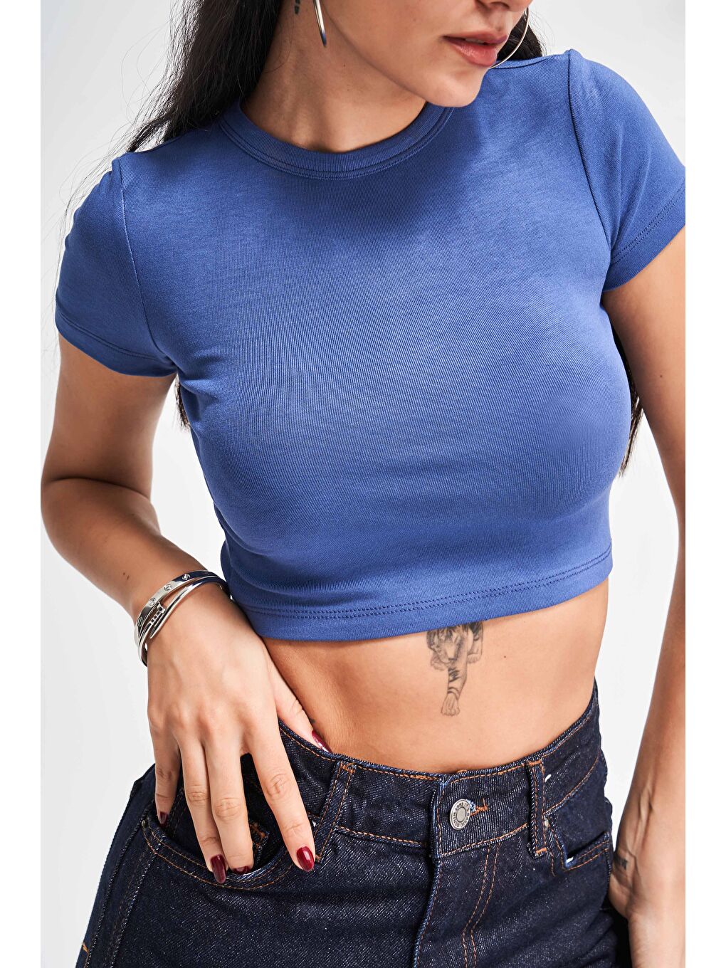 Kadın İndigo Renk S5 Süper Esnek Kumaş Crop Fit Top-1