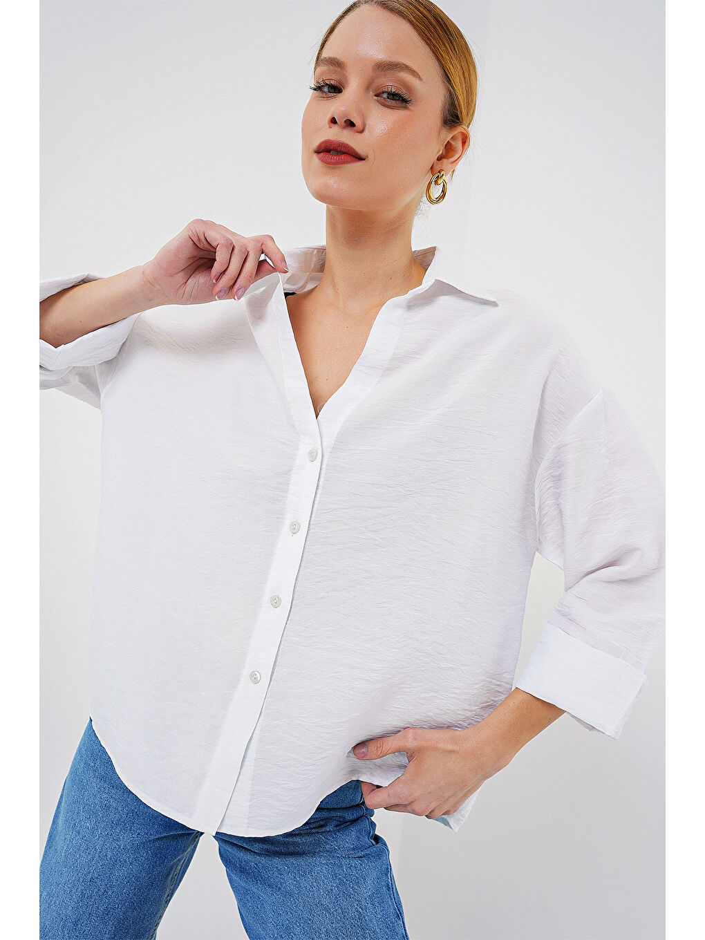 Kadın Oversize Kısa Kol Gömlek 20315 - Beyaz-3