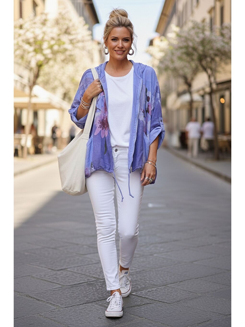 İtalyan Lavanta Mavisi Kapüşonlu 3/4 Kol Fermuarlı Cepli Casual Keten Görünümlü Dokuma Ceket 68 65-3