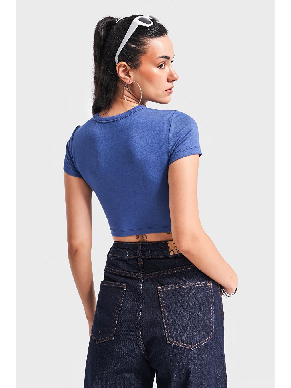 Kadın İndigo Renk S5 Süper Esnek Kumaş Crop Fit Top-2