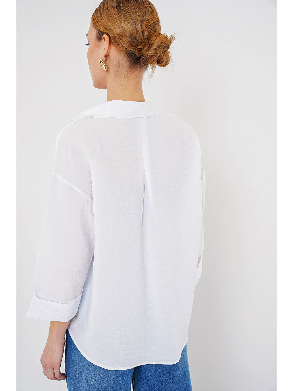 Kadın Oversize Kısa Kol Gömlek 20315 - Beyaz-5