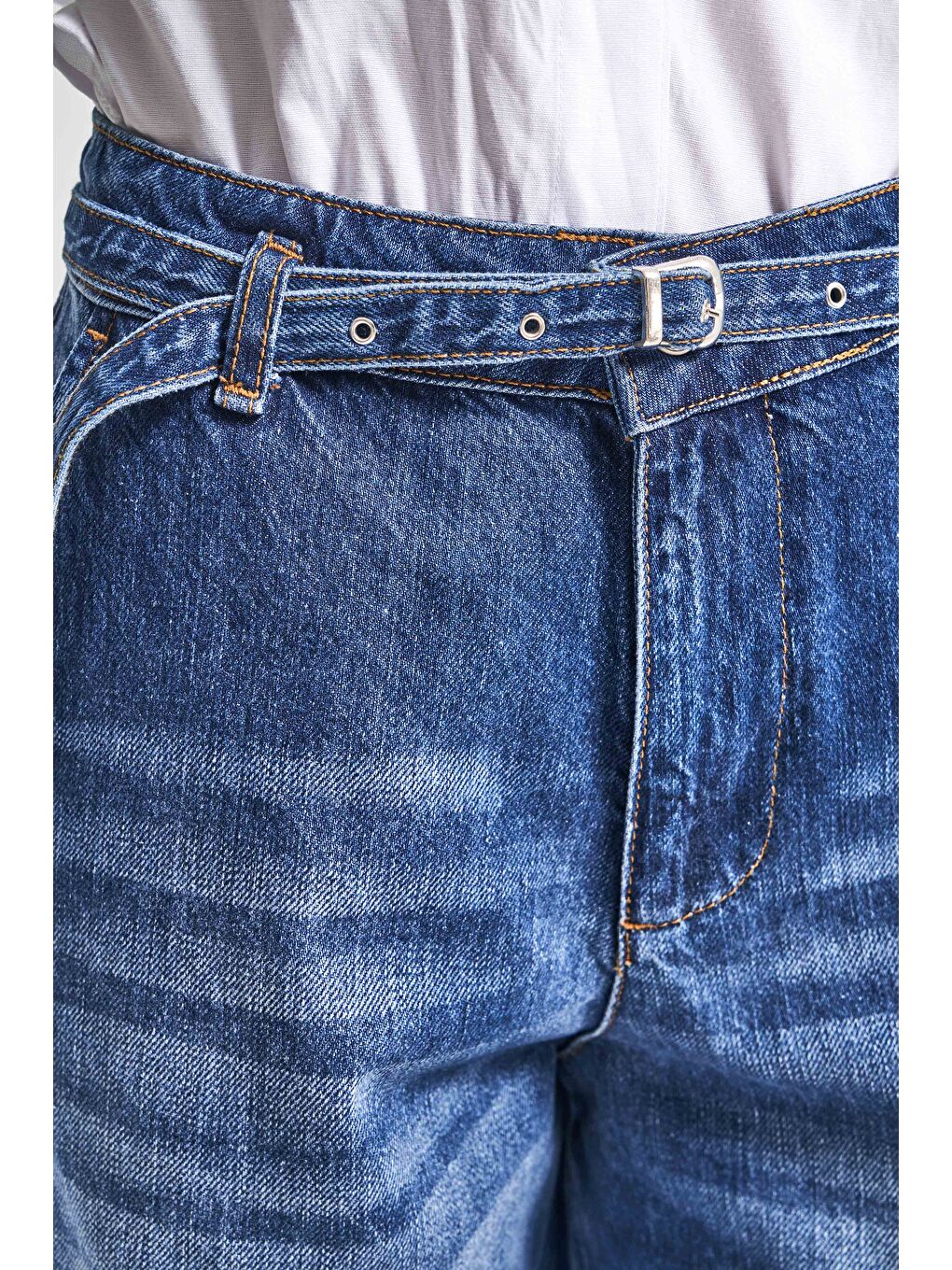 Kadın Mavi Renk 2w5-5 Süper Palazzo Fit Kemer Detaylı Denim Jean-2