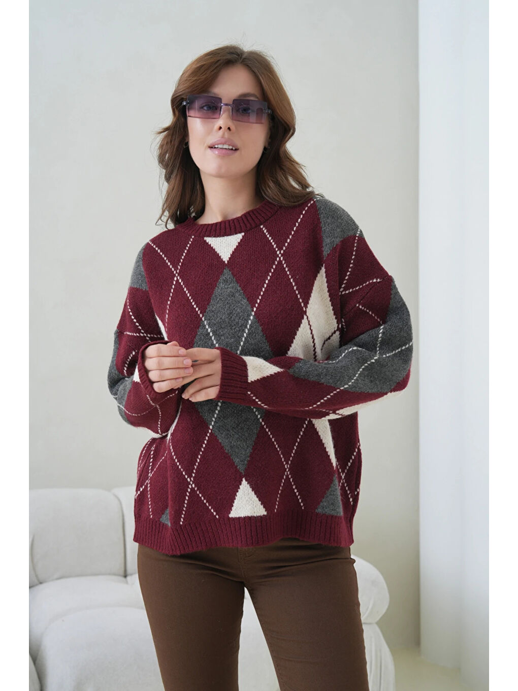 Bordo Kadın Bisiklet Yaka Baklava Desenli Triko Kazak