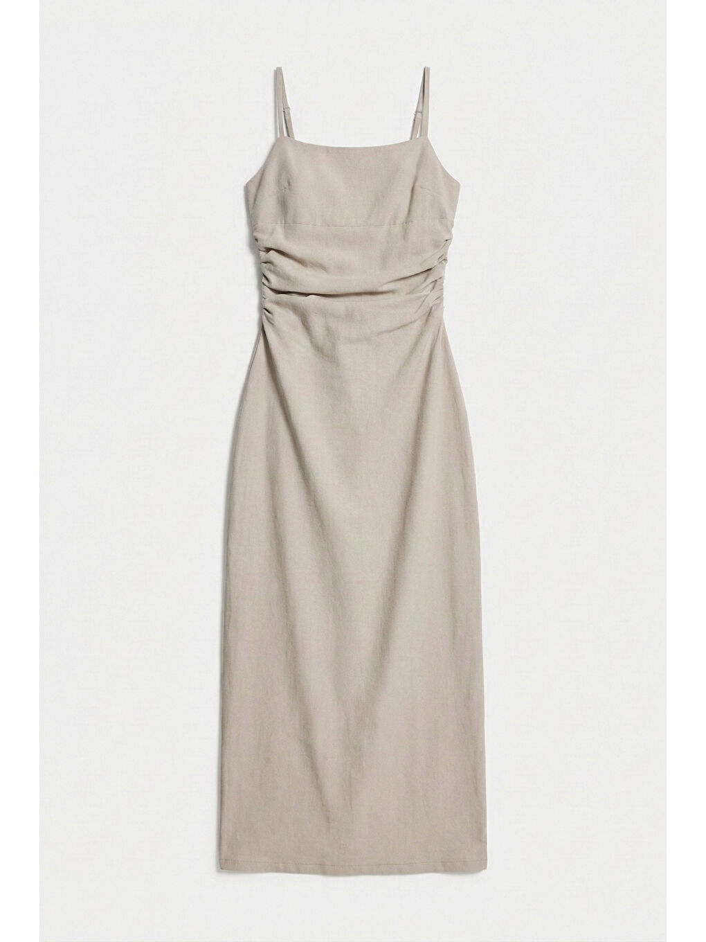 Bej Kadın Taş Renk s6-106 Maxi Boy Askılı Yırtmaçlı Özel Kumaş Elbise-4