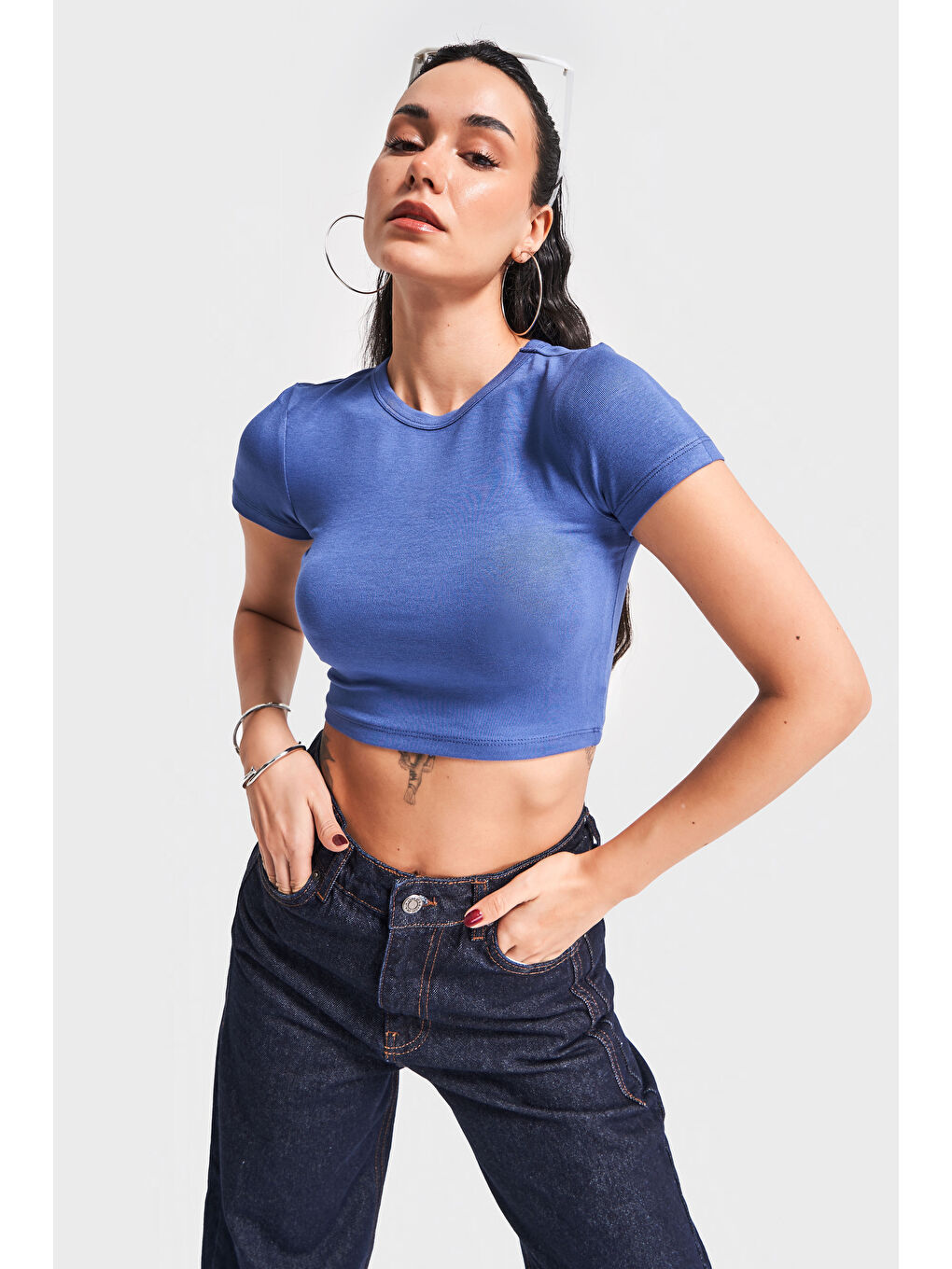 Kadın İndigo Renk S5 Süper Esnek Kumaş Crop Fit Top-3