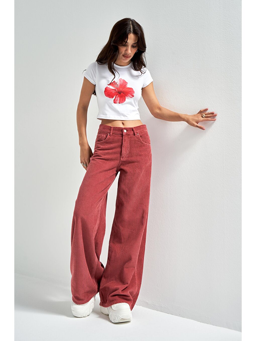 Turuncu Kadın Koral Renk Hera 29w5-104 Palazzo Fit Kalın Fitilli Velvet Kadife Kumaş Pantolon-1