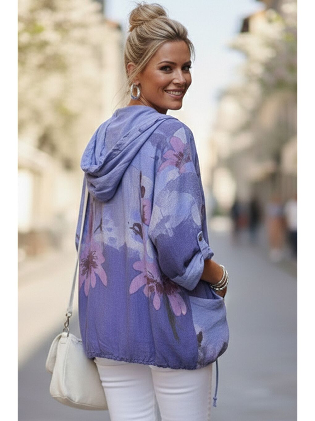 İtalyan Lavanta Mavisi Kapüşonlu 3/4 Kol Fermuarlı Cepli Casual Keten Görünümlü Dokuma Ceket 68 65-5