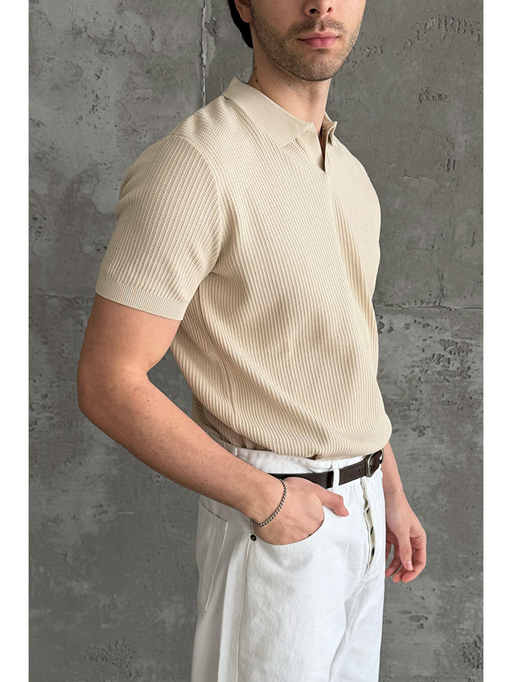 Bej Erkek Petek Desen Polo Yaka Triko T-shirt-5