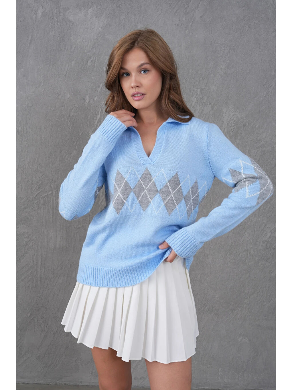 Mavi Kadın Polo Yaka Desenli Yarım Pat Triko Kazak-3