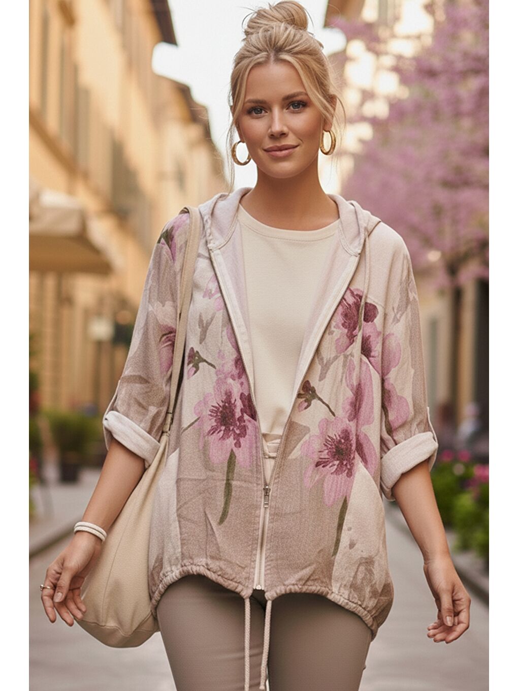 İtalyan Ekru Kapüşonlu 3/4 Kol Fermuarlı Cepli Casual Keten Görünümlü Dokuma Ceket 68 65-3