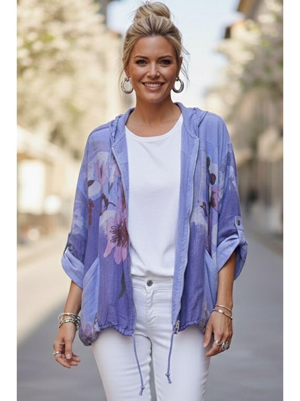 İtalyan Lavanta Mavisi Kapüşonlu 3/4 Kol Fermuarlı Cepli Casual Keten Görünümlü Dokuma Ceket 68 65-6