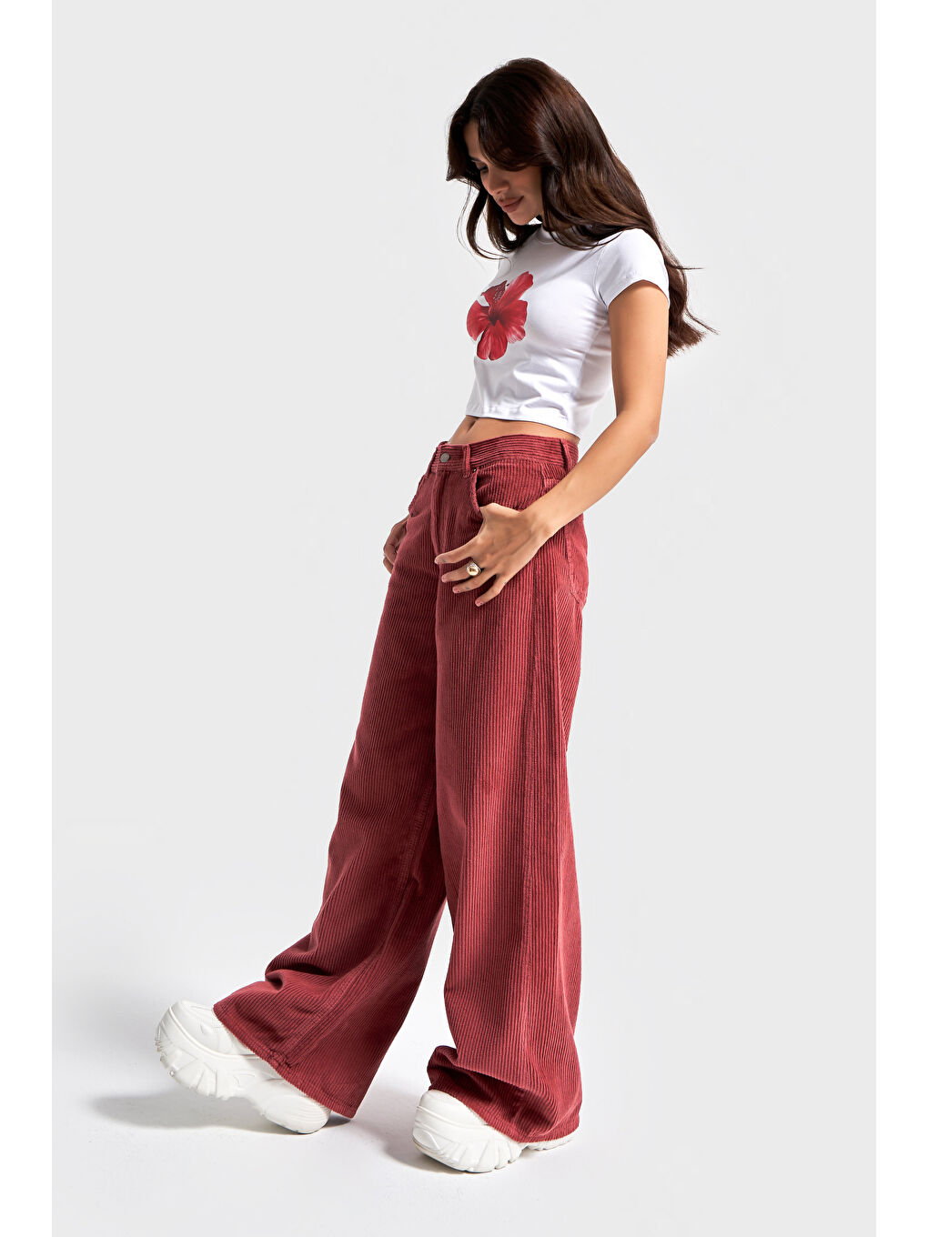 Turuncu Kadın Koral Renk Hera 29w5-104 Palazzo Fit Kalın Fitilli Velvet Kadife Kumaş Pantolon-2