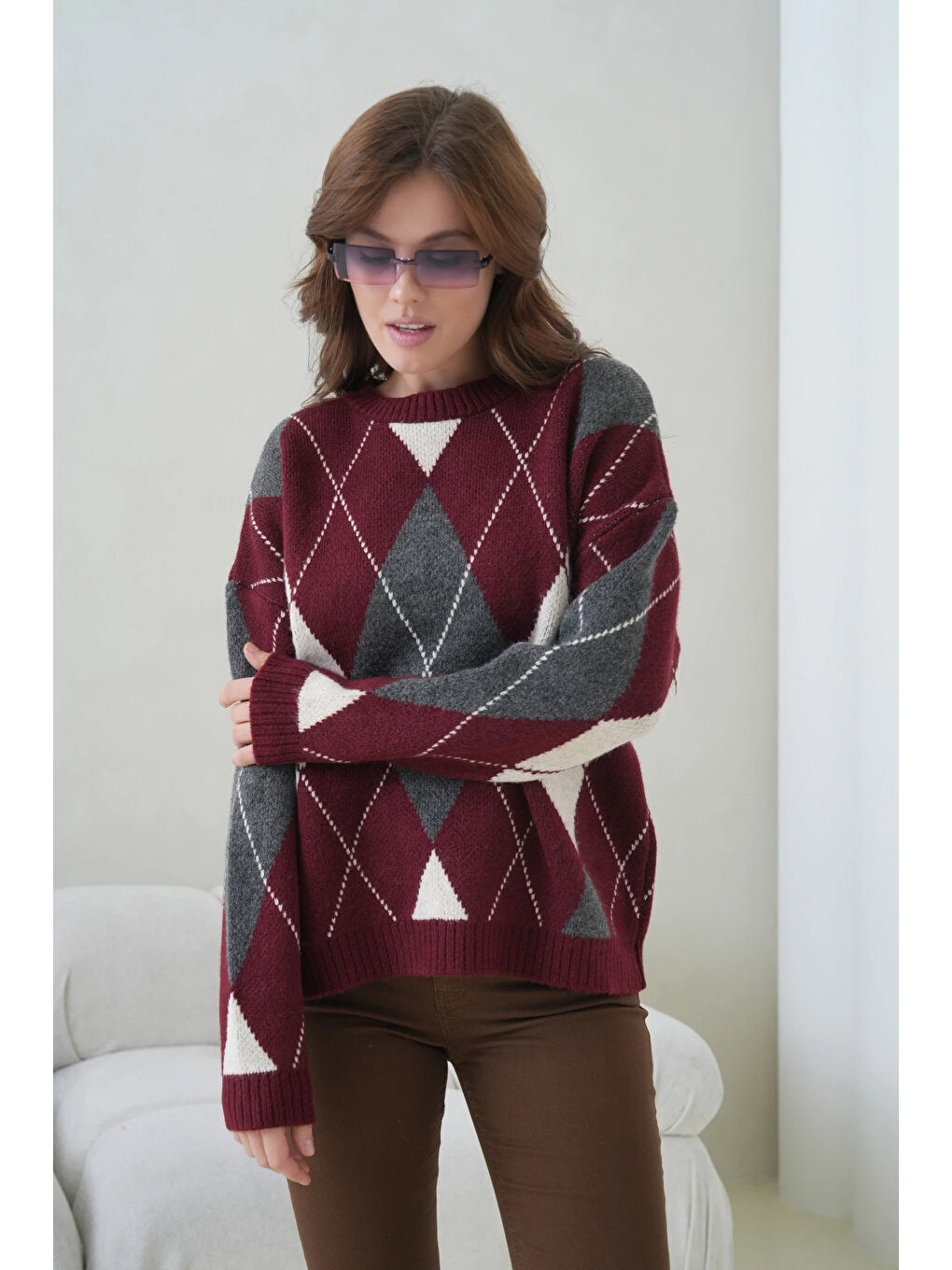 Bordo Kadın Bisiklet Yaka Baklava Desenli Triko Kazak-1