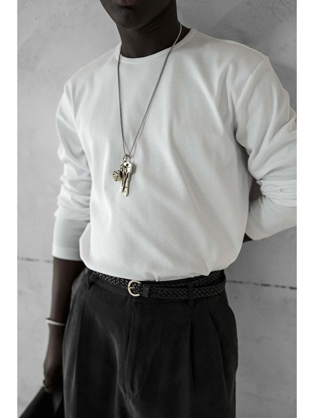 Erkek Slim Fit Fitilli Basic Esnek Uzun Kollu Tişört Beyaz