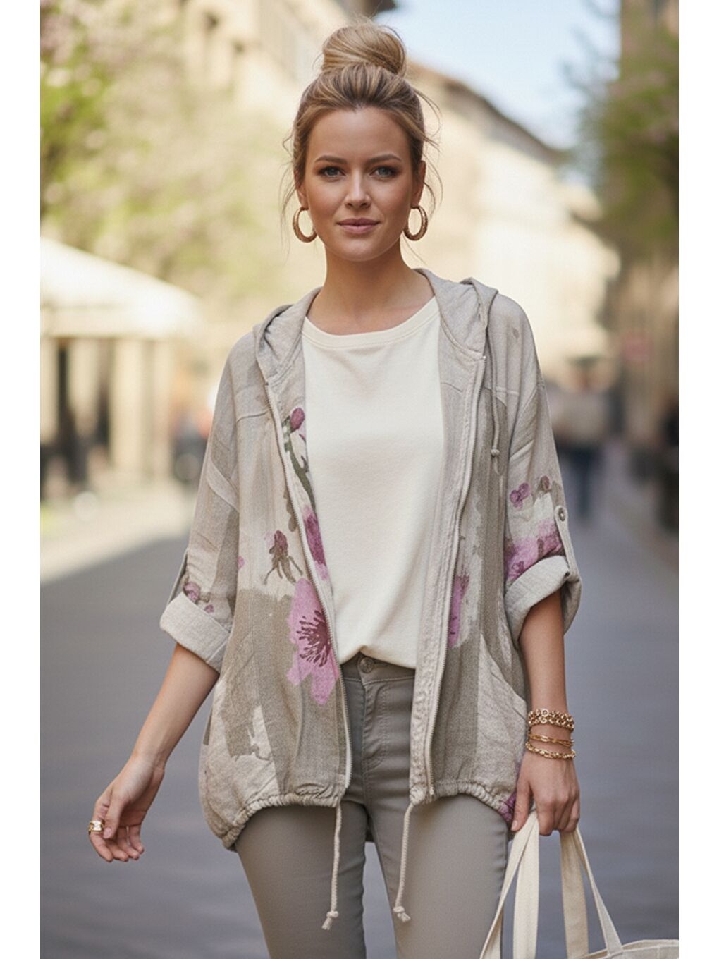 İtalyan Bej Kapüşonlu 3/4 Kol Fermuarlı Cepli Casual Keten Görünümlü Dokuma Ceket 68 65-2