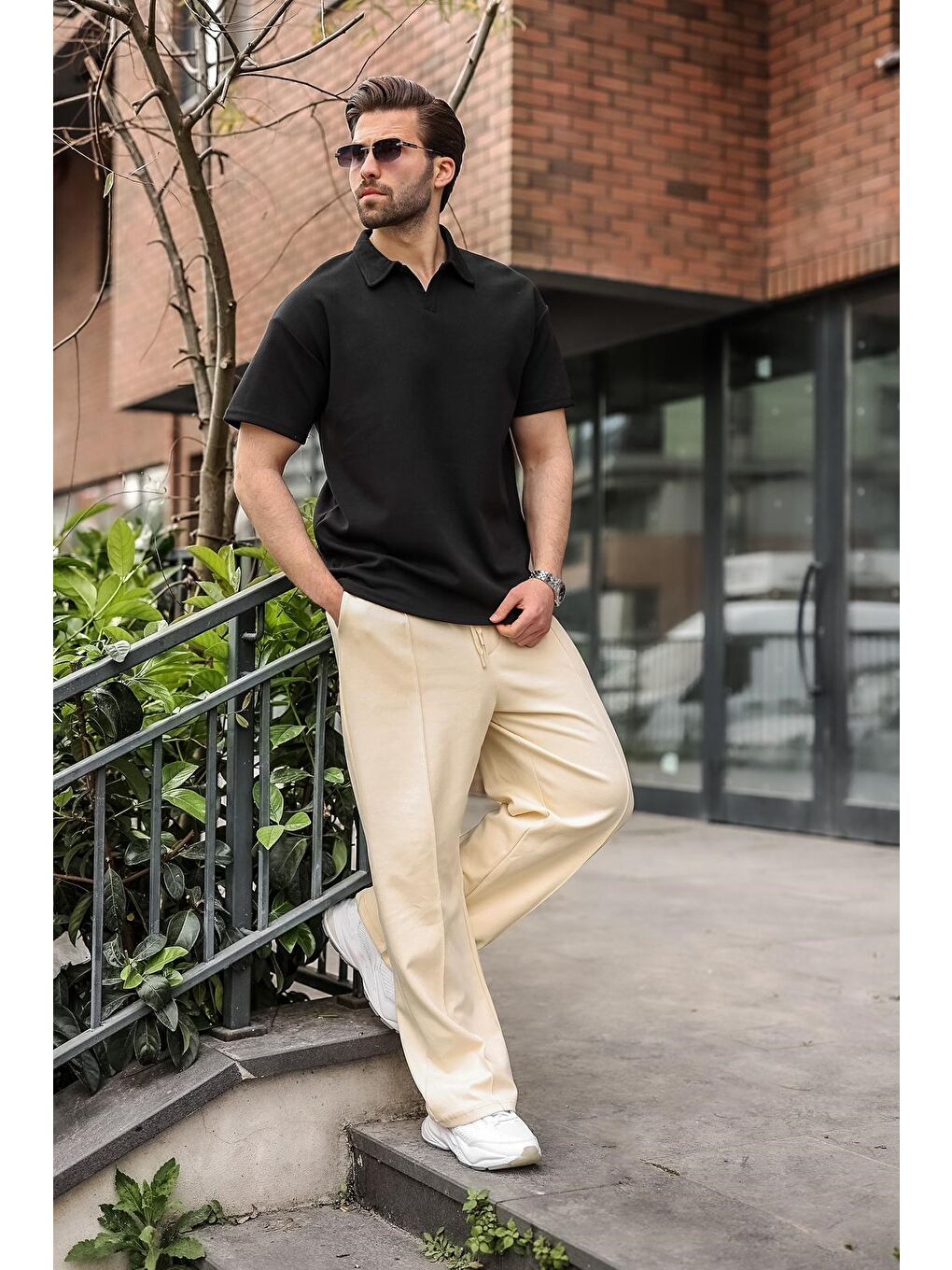 Siyah Polo Yaka Oversize Erkek Tişört E7185-1