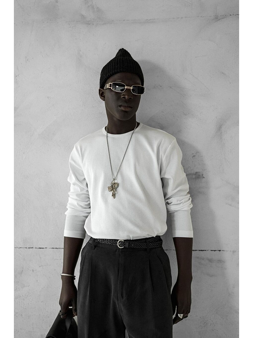 Erkek Slim Fit Fitilli Basic Esnek Uzun Kollu Tişört Beyaz-1