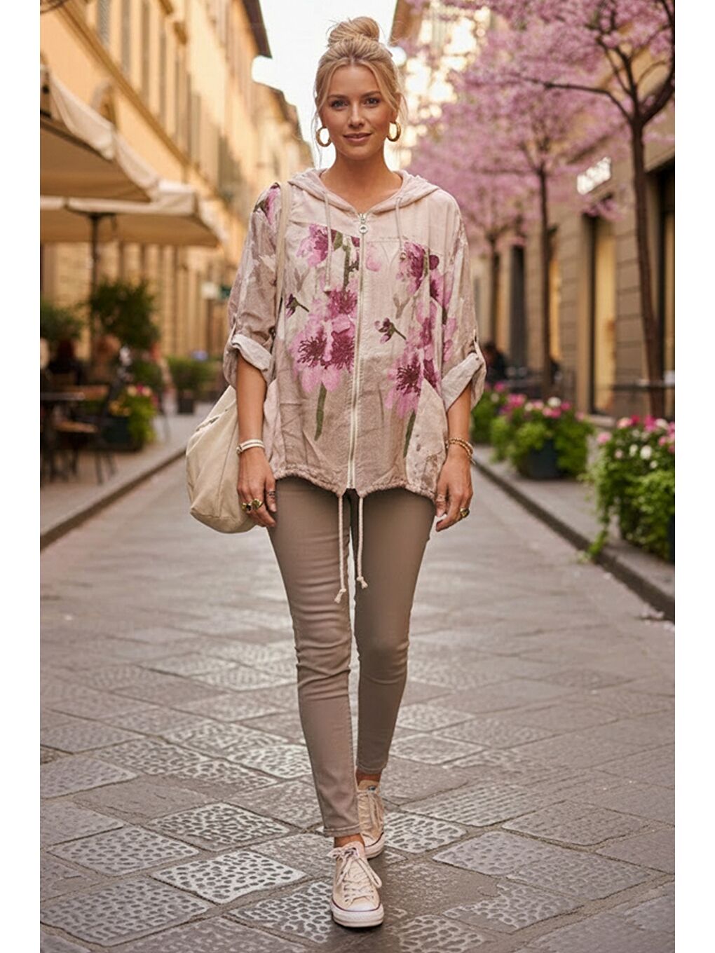 İtalyan Ekru Kapüşonlu 3/4 Kol Fermuarlı Cepli Casual Keten Görünümlü Dokuma Ceket 68 65-4