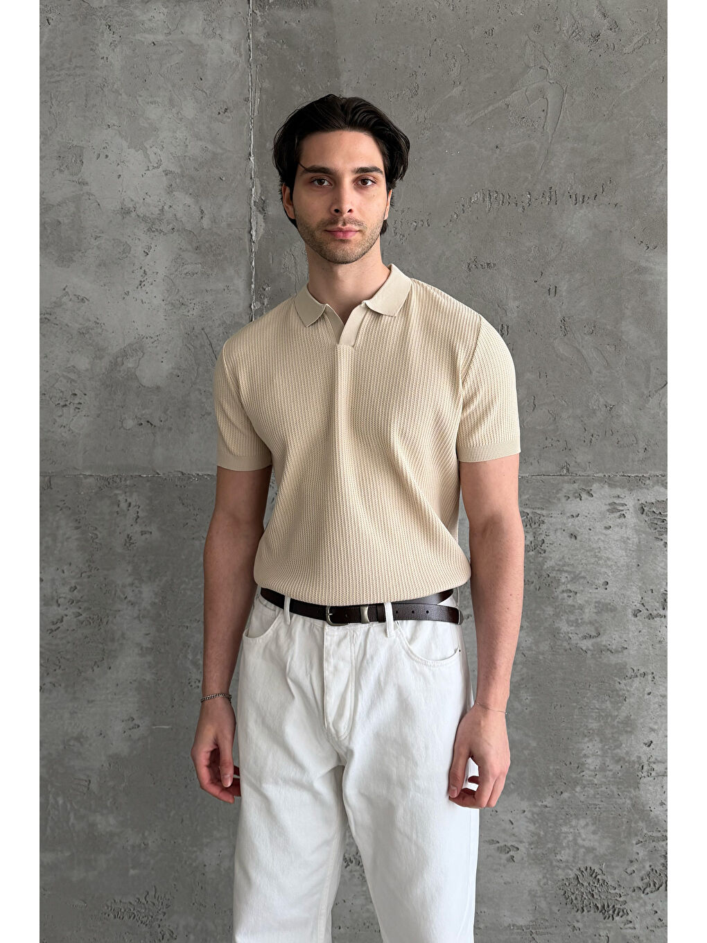 Bej Erkek Petek Desen Polo Yaka Triko T-shirt-6