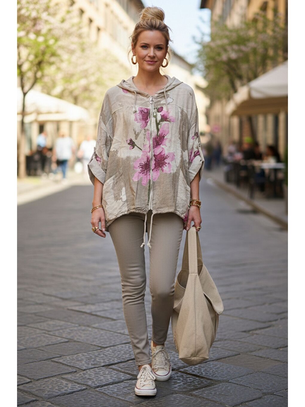 İtalyan Bej Kapüşonlu 3/4 Kol Fermuarlı Cepli Casual Keten Görünümlü Dokuma Ceket 68 65-3