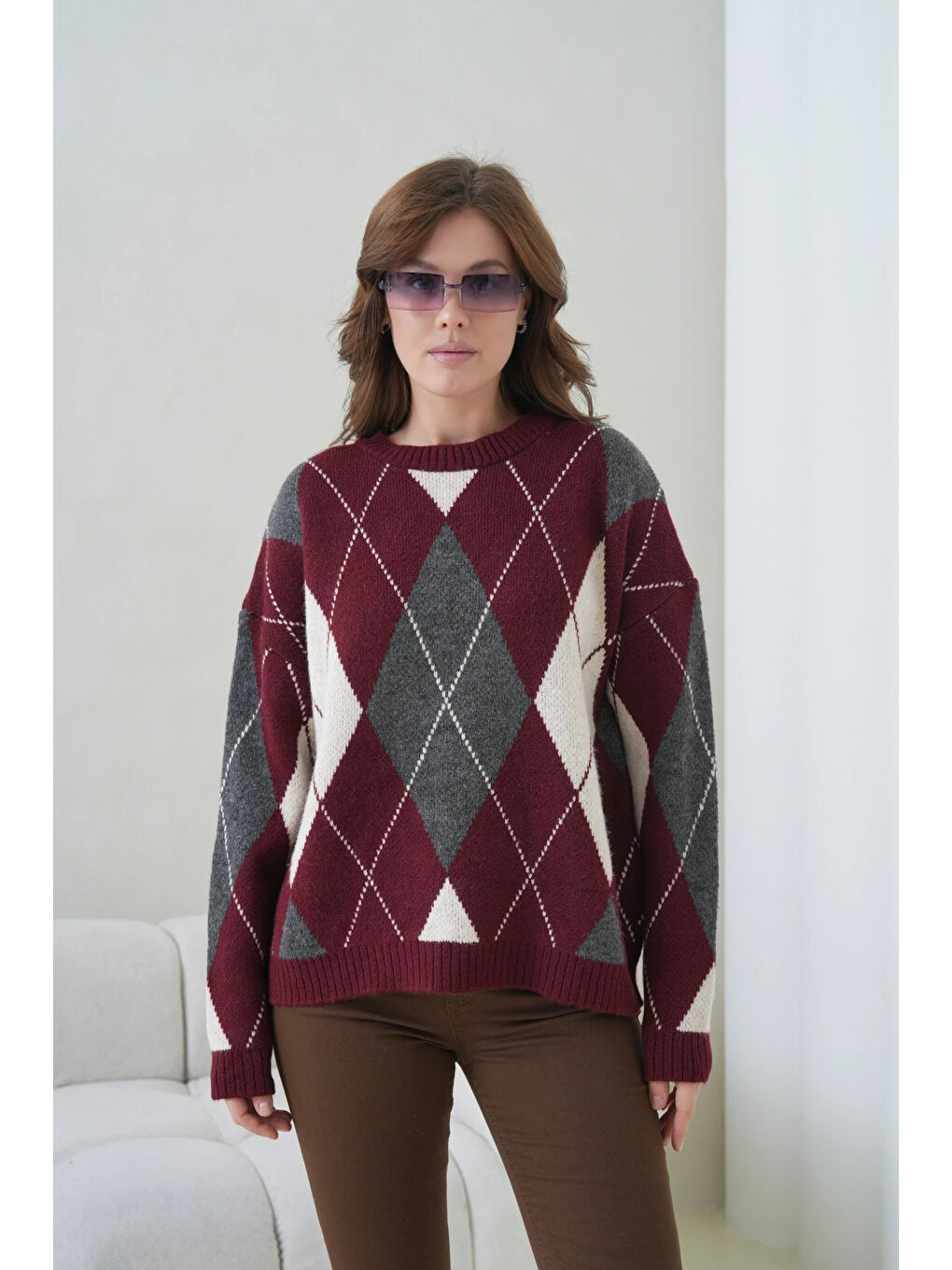 Bordo Kadın Bisiklet Yaka Baklava Desenli Triko Kazak-2