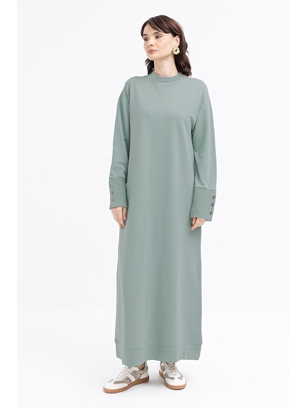 Yeşil Defne Manşeti Kalın Ribanalı Düğme Detaylı Elastanlı Elbise-1