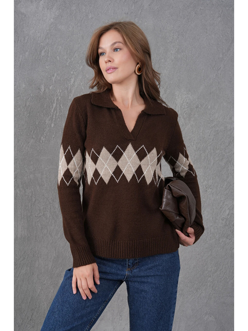 Kahverengi Kadın Polo Yaka Desenli Yarım Pat Triko Kazak-4