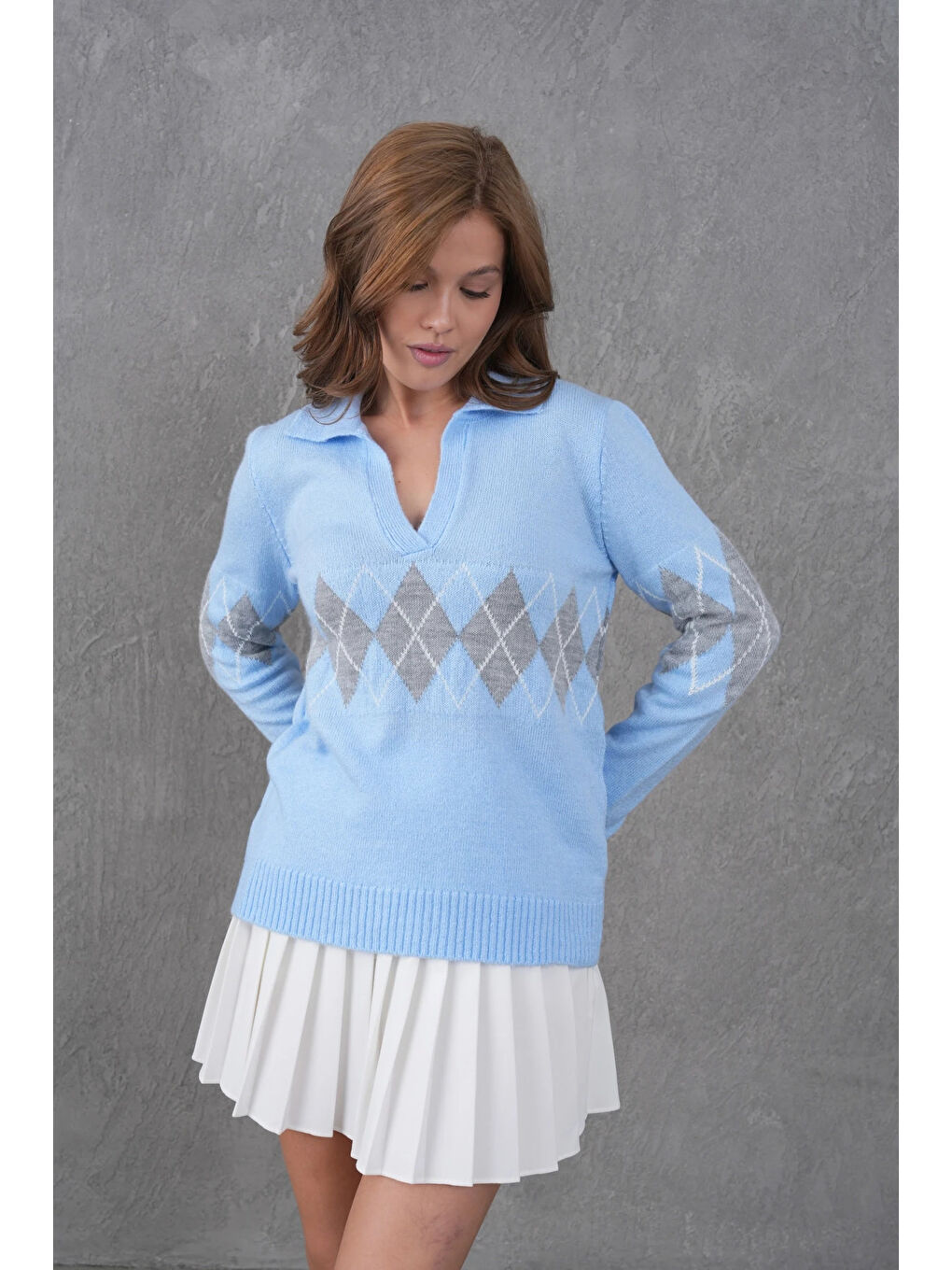 Mavi Kadın Polo Yaka Desenli Yarım Pat Triko Kazak-4