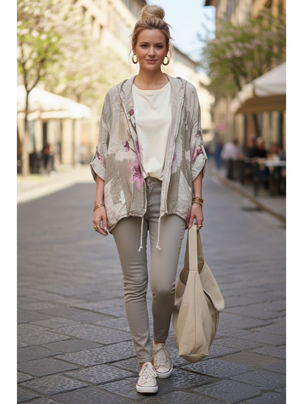 İtalyan Bej Kapüşonlu 3/4 Kol Fermuarlı Cepli Casual Keten Görünümlü Dokuma Ceket 68 65-4