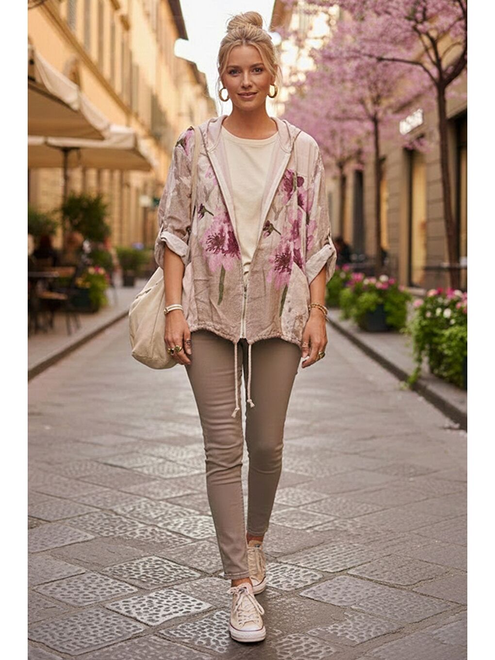 İtalyan Ekru Kapüşonlu 3/4 Kol Fermuarlı Cepli Casual Keten Görünümlü Dokuma Ceket 68 65-5