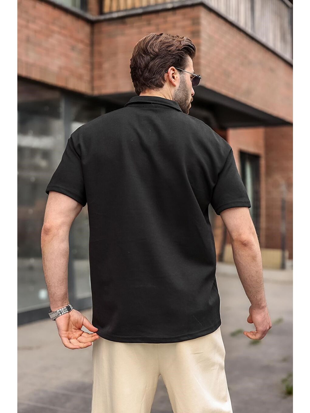 Siyah Polo Yaka Oversize Erkek Tişört E7185-3