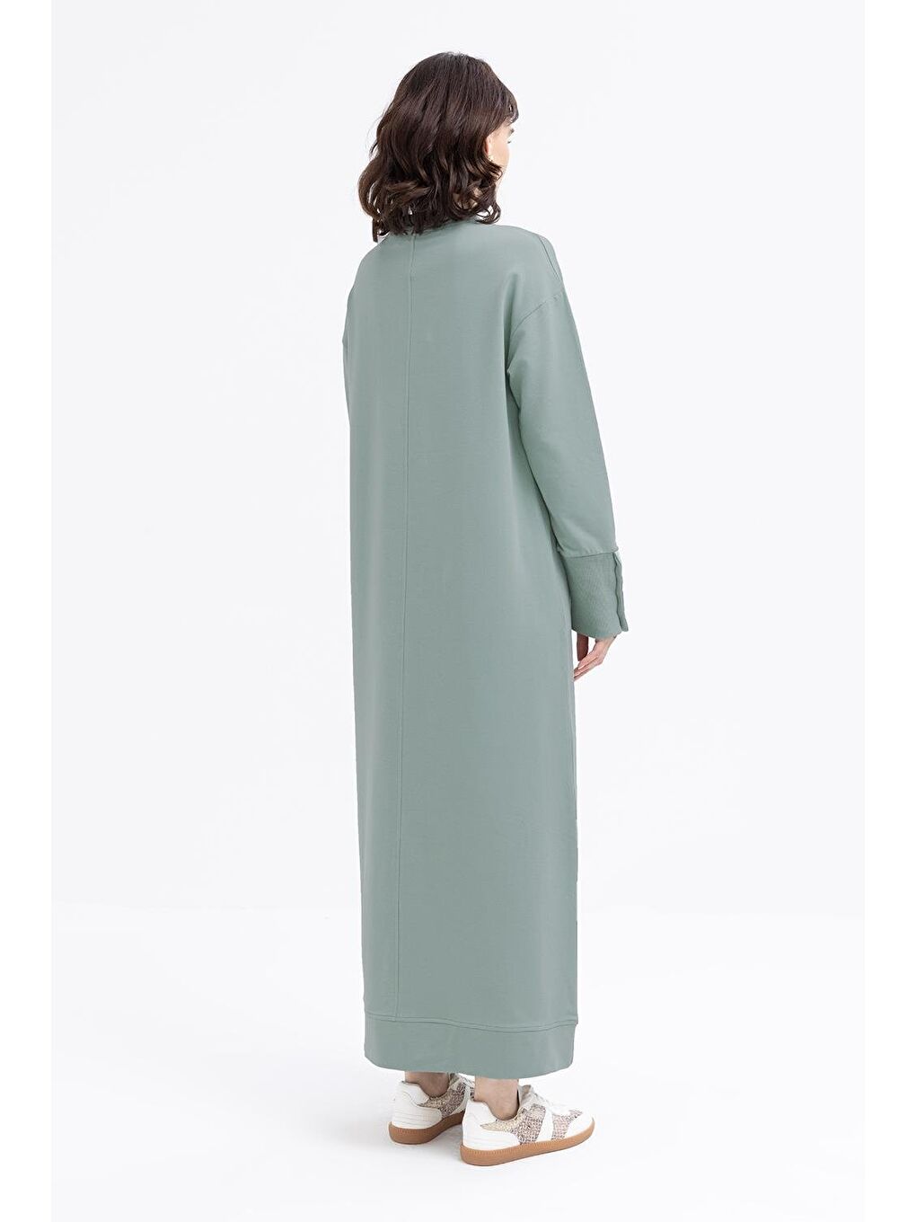 Yeşil Defne Manşeti Kalın Ribanalı Düğme Detaylı Elastanlı Elbise-3