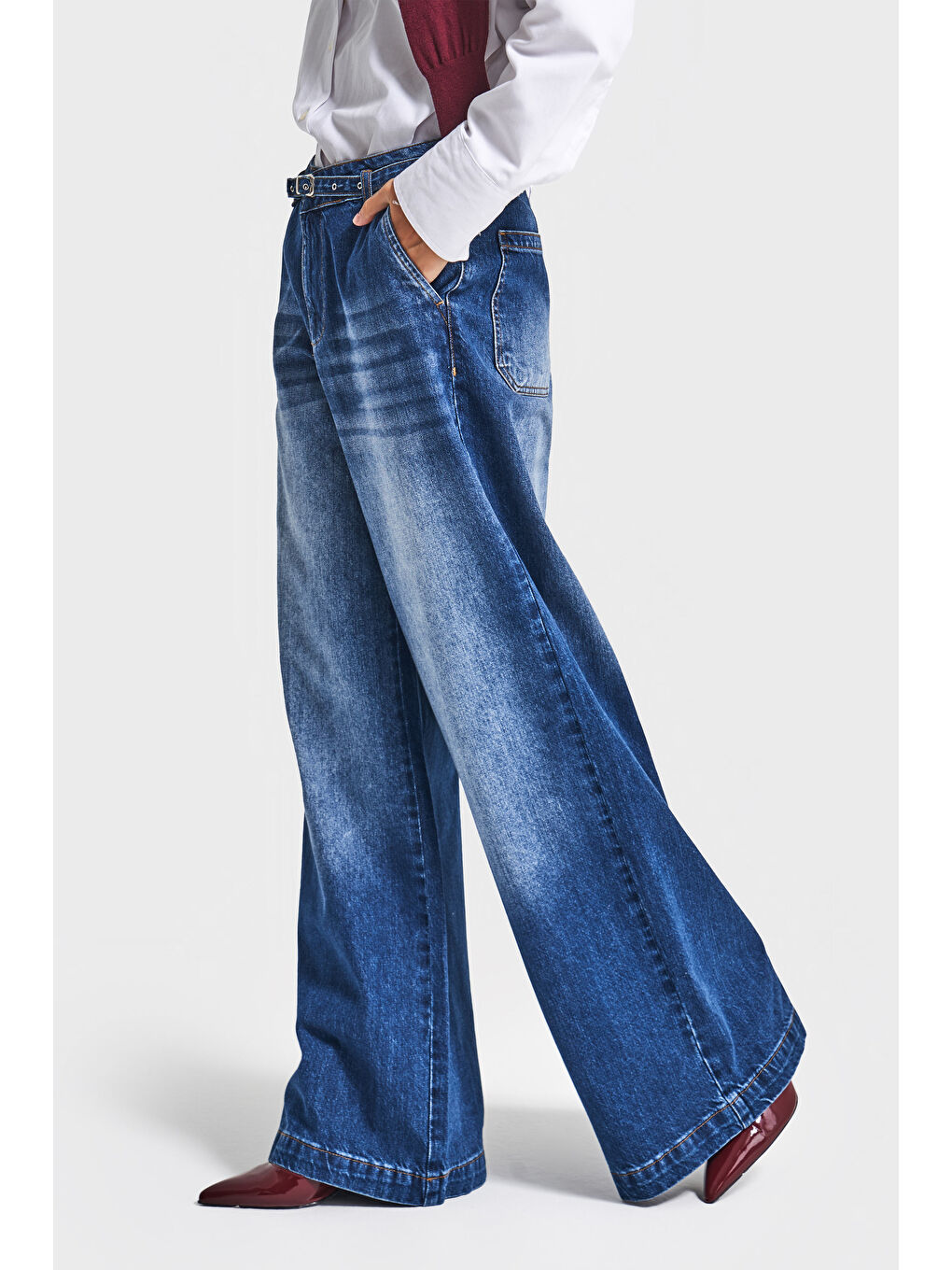 Kadın Mavi Renk 2w5-5 Süper Palazzo Fit Kemer Detaylı Denim Jean-4