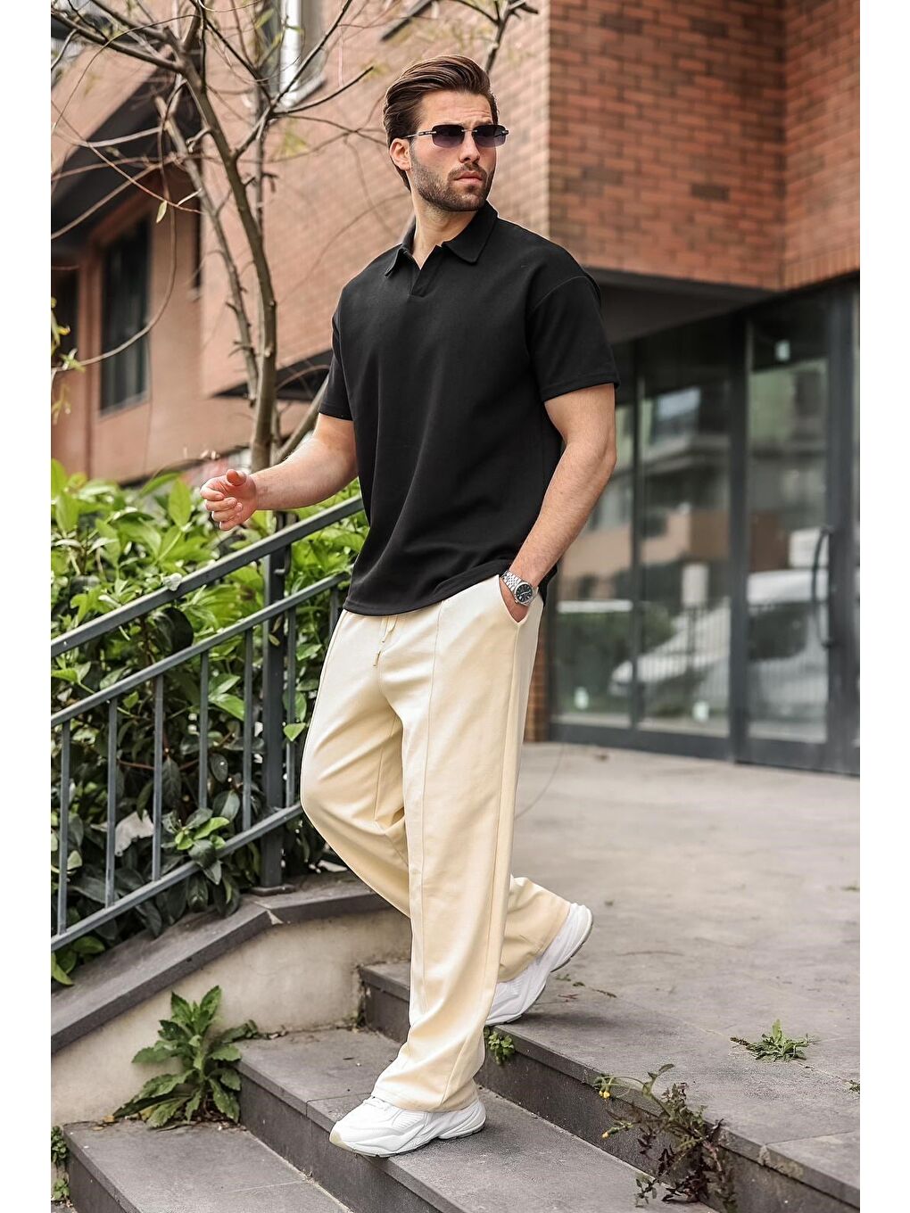 Siyah Polo Yaka Oversize Erkek Tişört E7185-4