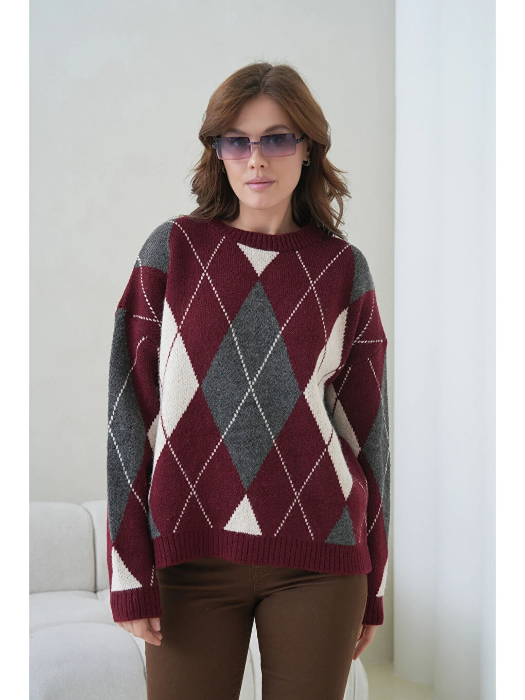 Bordo Kadın Bisiklet Yaka Baklava Desenli Triko Kazak-3