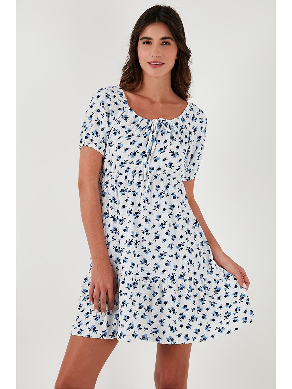 Beyaz Desenli Slim Fit Carmen Yaka Mini Elbise 5865620-2