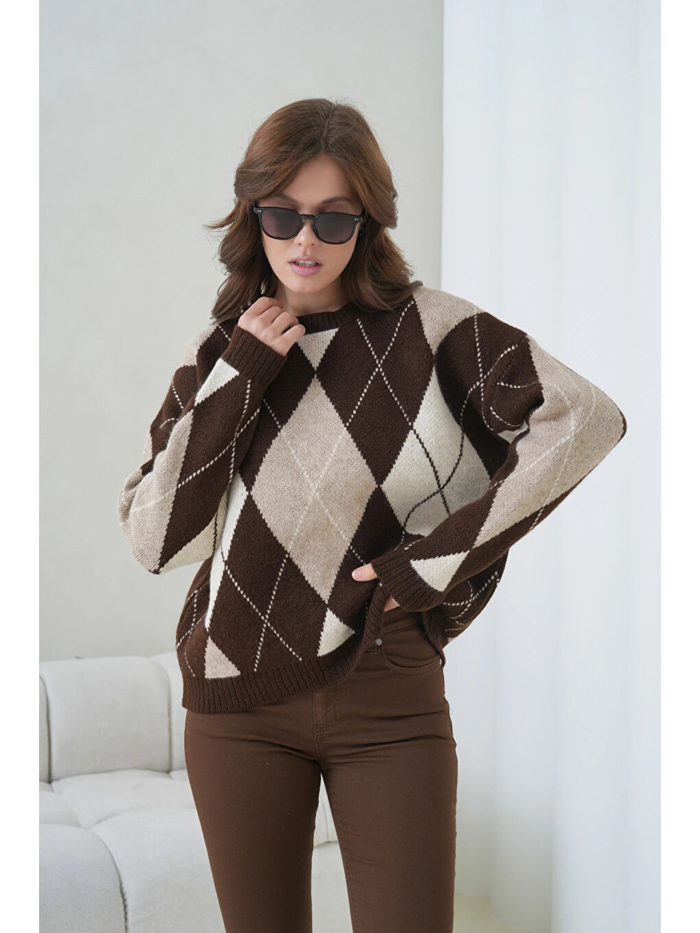 Kahverengi Kadın Bisiklet Yaka Baklava Desenli Triko Kazak-1