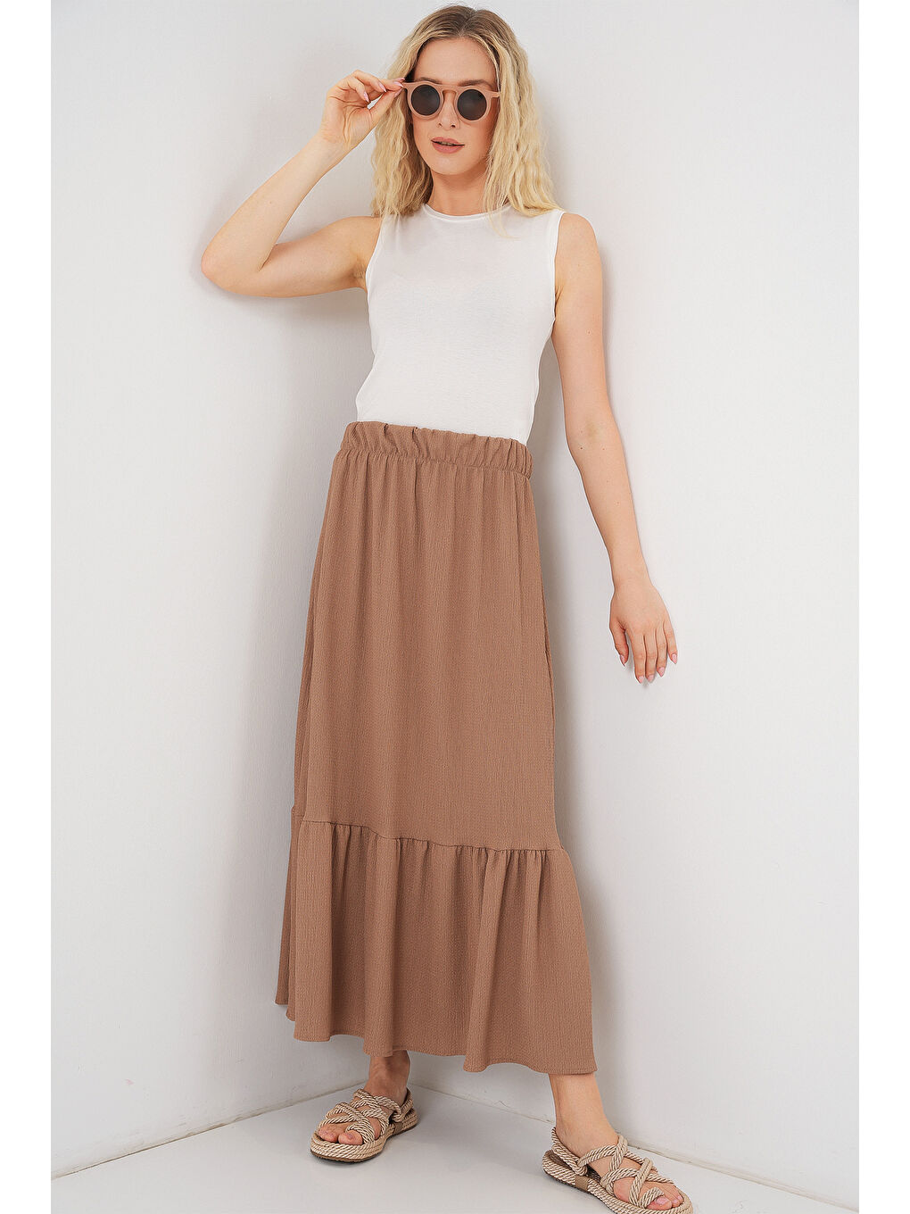 Sarı 1886 Uzun Örme Etek - Camel-4