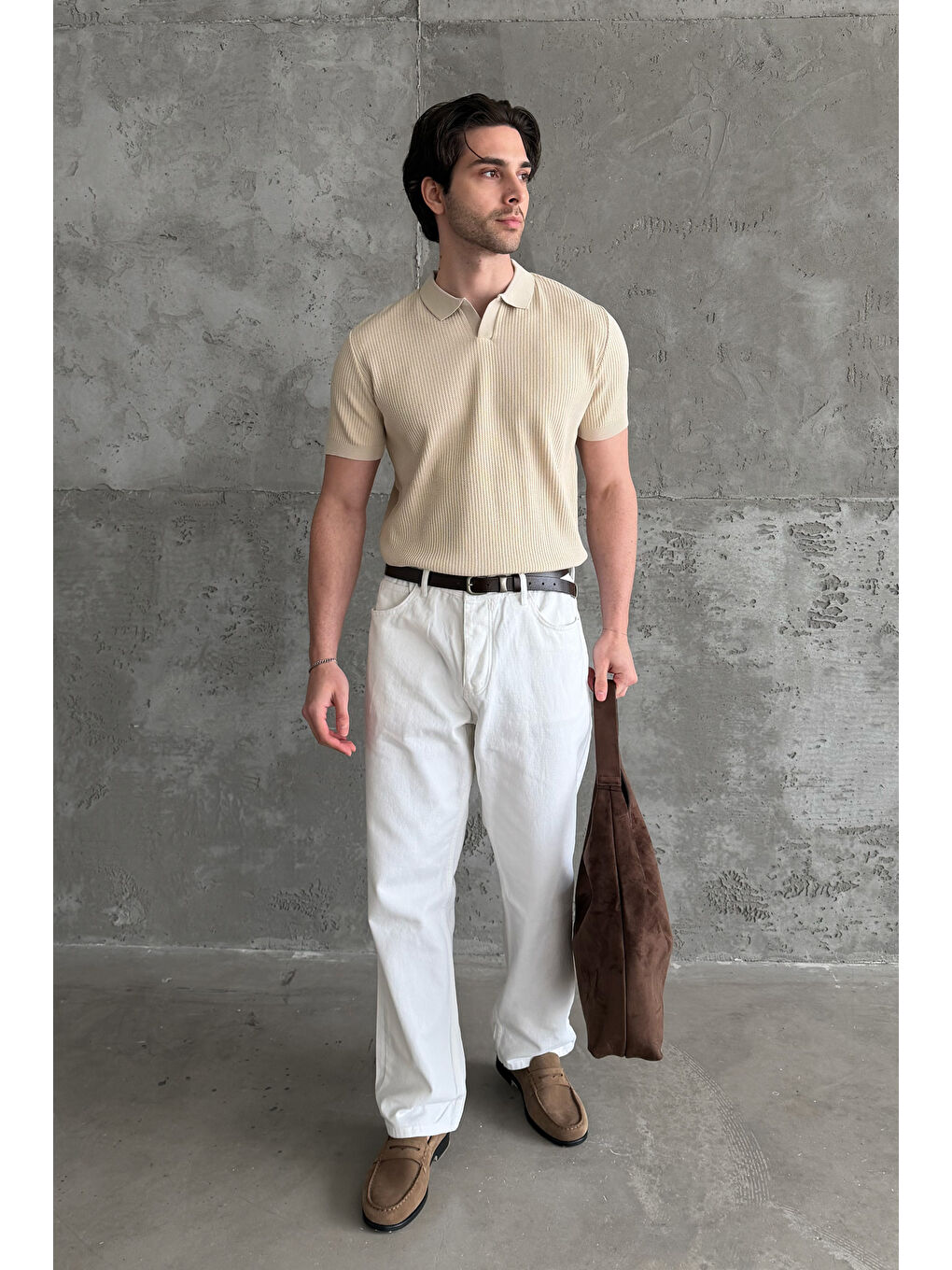 Bej Erkek Petek Desen Polo Yaka Triko T-shirt-7
