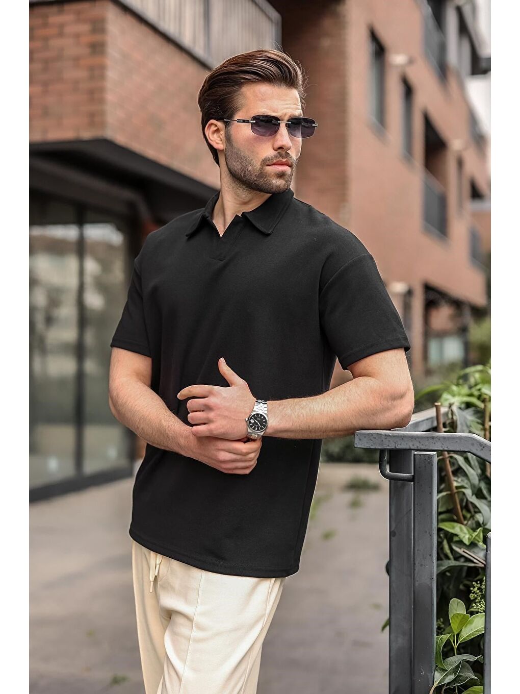 Siyah Polo Yaka Oversize Erkek Tişört E7185-5