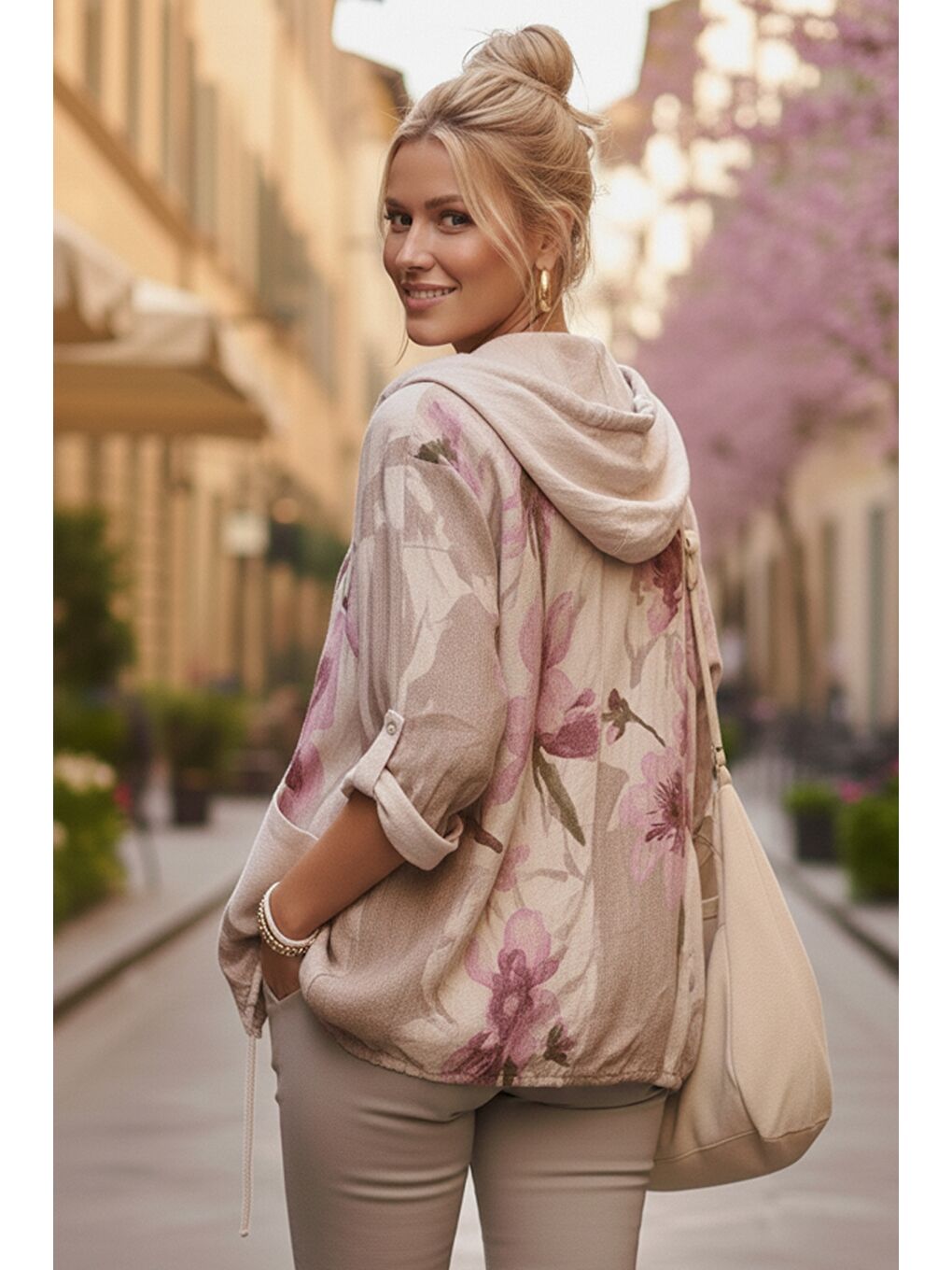 İtalyan Ekru Kapüşonlu 3/4 Kol Fermuarlı Cepli Casual Keten Görünümlü Dokuma Ceket 68 65-6